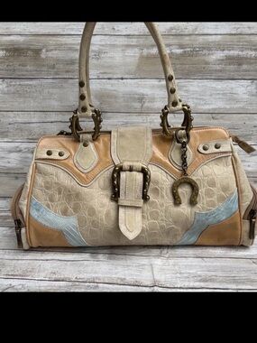 Arcadia Cream, Tan & Light Blue Leather Shoulder Bag
